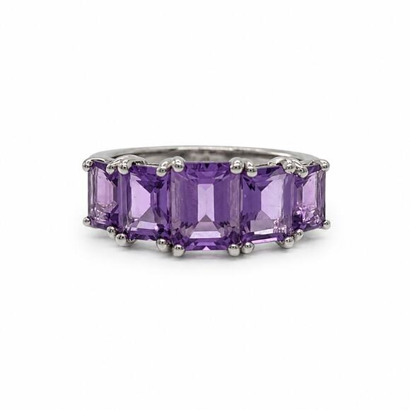 Vintage Jewelry - 925 Sterling Silver Natural Amethyst Five-Stone Ring Size 7.75